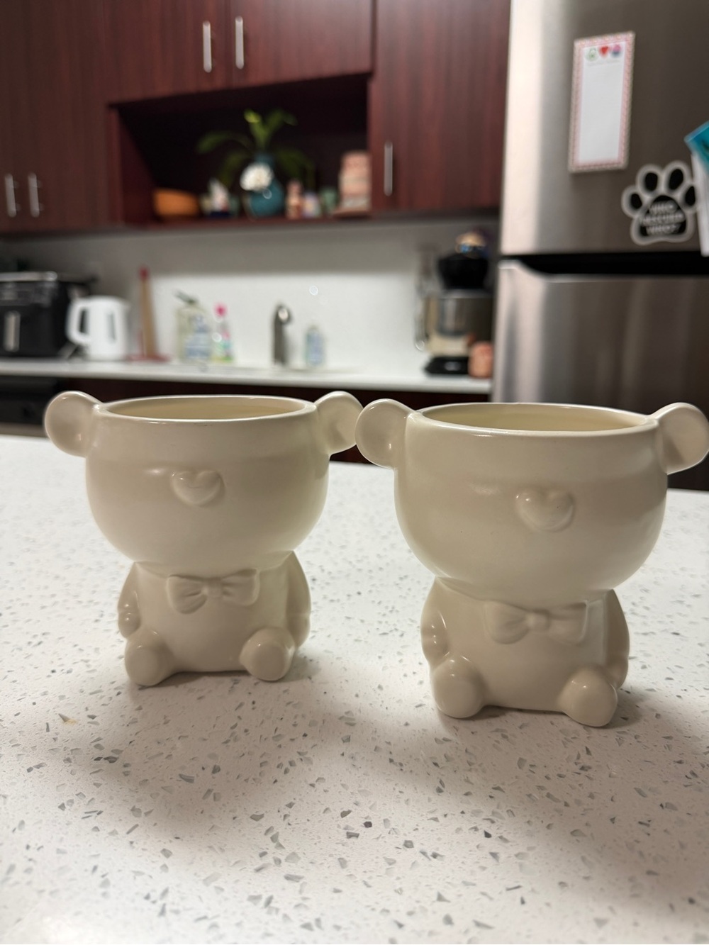 Set of 2 Cream Ceramic Teddy Bear Planters Bow Tie Nursery Cottagecore Decor NEW